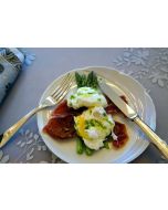 Poached Eggs with Asparagus, Proscuitto, and Chive Oil